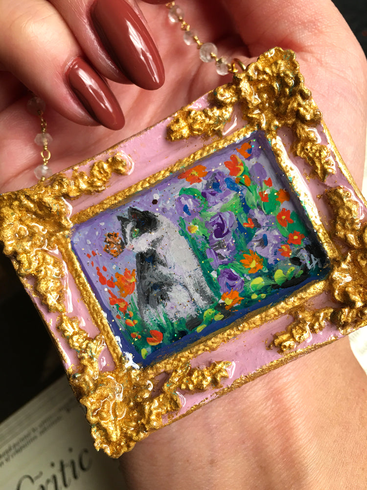 "Borgo Kitty" Medallion - Original Miniature Painting On Gold Vermeil Crystal Quartz Chain - Original Painting