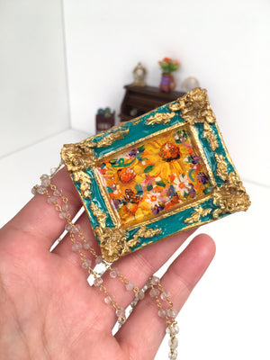 24K Sunflower Bounty Medallion - Original Miniature Painting On Gold Vermeil & Crystal Quartz Chain