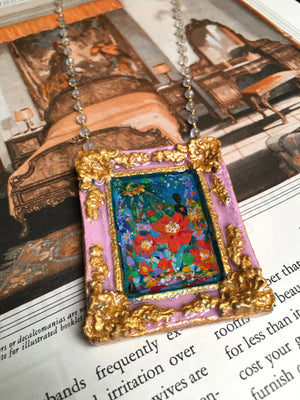 "Alien Poppy Fields" Medallion - Original Painting on Gold Vermeil Crystal Quartz Chain