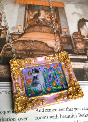 "Borgo Kitty" Medallion - Original Miniature Painting On Gold Vermeil Crystal Quartz Chain - Original Painting