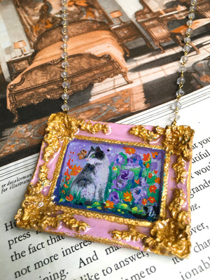 "Borgo Kitty" Medallion - Original Miniature Painting On Gold Vermeil Crystal Quartz Chain - Original Painting