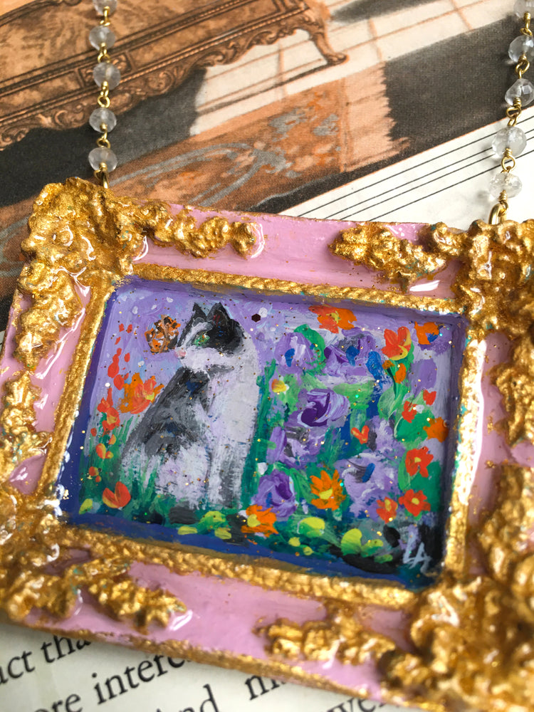 "Borgo Kitty" Medallion - Original Miniature Painting On Gold Vermeil Crystal Quartz Chain - Original Painting