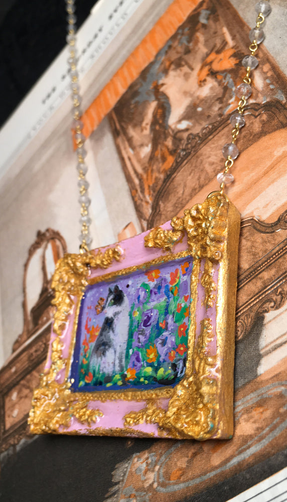 "Borgo Kitty" Medallion - Original Miniature Painting On Gold Vermeil Crystal Quartz Chain - Original Painting