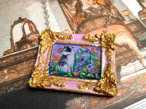 "Borgo Kitty" Medallion - Original Miniature Painting On Gold Vermeil Crystal Quartz Chain - Original Painting