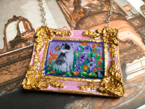 "Borgo Kitty" Medallion - Original Miniature Painting On Gold Vermeil Crystal Quartz Chain - Original Painting
