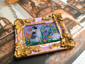 "Borgo Kitty" Medallion - Original Miniature Painting On Gold Vermeil Crystal Quartz Chain - Original Painting