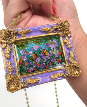 24K Hibiscus and Butterflies Medallion - Original Miniature Painting on Gold Vermeil & Peridot Chain