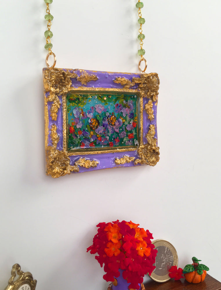 24K Hibiscus and Butterflies Medallion - Original Miniature Painting on Gold Vermeil & Peridot Chain