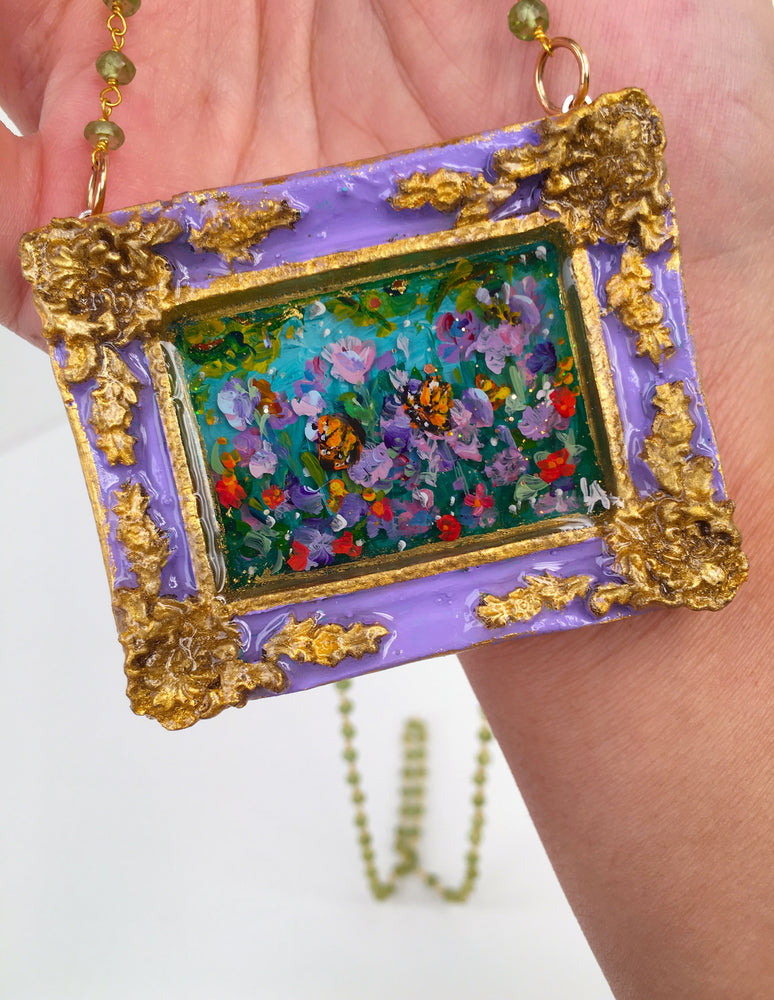 24K Hibiscus and Butterflies Medallion - Original Miniature Painting on Gold Vermeil & Peridot Chain