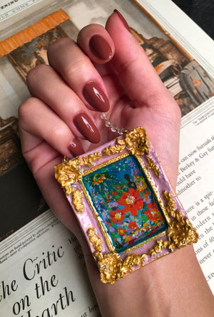 "Alien Poppy Fields" Medallion - Original Painting on Gold Vermeil Crystal Quartz Chain
