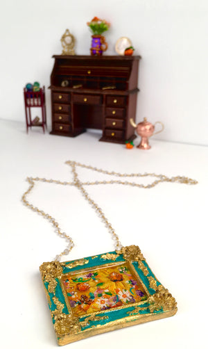 24K Sunflower Bounty Medallion - Original Miniature Painting On Gold Vermeil & Crystal Quartz Chain