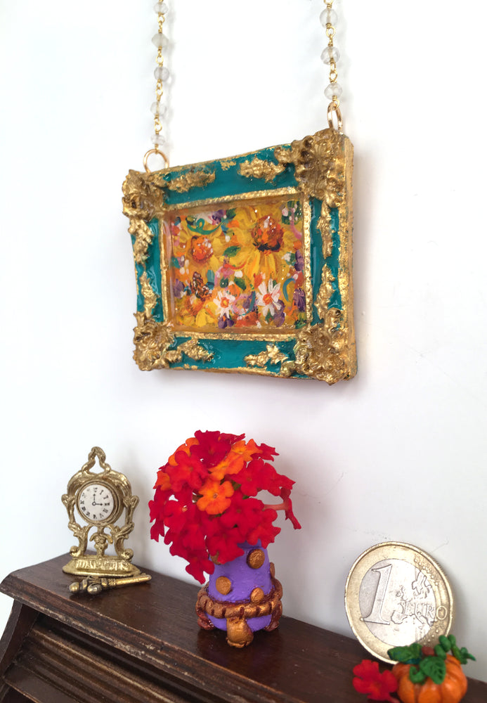 24K Sunflower Bounty Medallion - Original Miniature Painting On Gold Vermeil & Crystal Quartz Chain